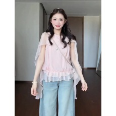 批发大码韩系温柔风粉色短袖小衫女<b class='q'>夏</b>季新款氛围感荷叶边显瘦雪纺上衣