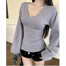 批发实价微胖mm纯欲性感低胸大V领灯笼袖毛衣女外穿<b class='q'>欧美</b>风掐腰针织衫