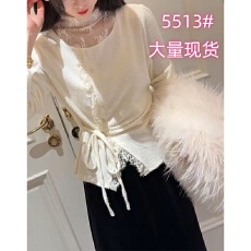 批发老赵服饰 白色拼接<b class='q'>不规则</b>系带下摆蕾丝打底衫上衣21AU5012