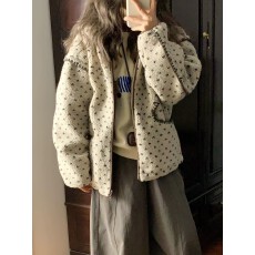 批发日系复古秋冬保暖贝壳绣波点连帽仿羊羔毛外套