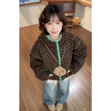 批发日系复古秋冬保暖贝壳绣波点连帽仿羊羔毛外套