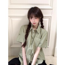 批发夏季绿色<b class='q'>休闲</b><b class='q'>衬衫</b>经典百搭格纹上衣翻领<b class='q'>衬衣</b>短裙套装女装