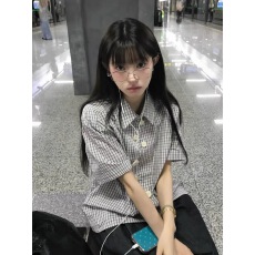 批发日系高级感多扣格子短袖<b class='q'>衬衫</b><b class='q'>男</b>女复古百搭宽松<b class='q'>休闲</b>翻领上衣