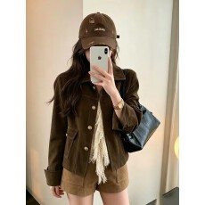 批发经典韩系小翻领绒面蜡感皮秋季棕色短外套百搭休闲<b class='q'>夹克</b>上衣
