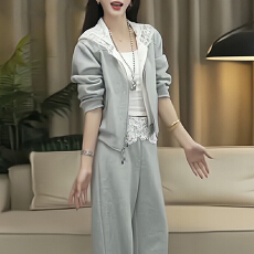批发<b class='q'>欧洲站</b>休闲运动套装女2026<b class='q'>新款</b>春秋季时尚拼接蕾丝短款卫衣阔腿裤