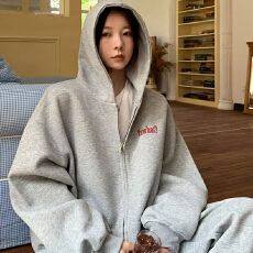 批发280克曼巴棉 慵懒风美式印花拉链卫衣女春秋新款宽松开衫外套装