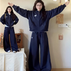 批发新款休闲运动套装春秋显瘦连帽韩版宽松拉链开衫长裤卫衣两件套装