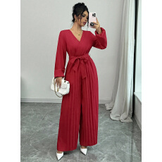 批发实拍外贸1688阿里巴巴<b class='q'>欧美</b>泡泡袖V领领带腰部褶皱阔腿<b class='q'>连体裤</b>