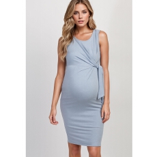 批发女士浅蓝无袖扭结孕妇连衣裙，修身包臀中长裙，孕期舒适时尚服