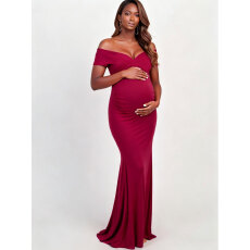 批发女士酒红<b class='q'>一字肩</b>孕妇修身鱼尾拖地，优雅宴会穿搭孕期舒适礼服裙