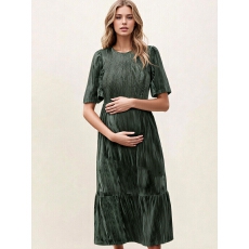 批发女士圆领泡泡袖收腰层叠孕妇长裙，日常优雅穿搭,女士舒适服饰