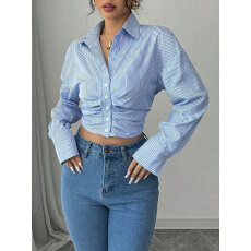 批发女士条纹抽褶宽松长袖上衣，街头休闲约会日常穿搭女士时尚服饰