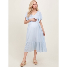 批发跨境女士V领飞袖收腰<b class='q'>孕妇</b><b class='q'>中长裙</b>，日常舒适穿搭，春夏舒适服饰