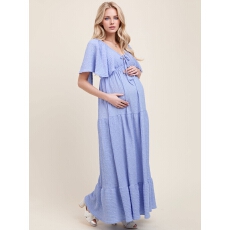 批发跨境款女士V 领飞袖露背多层裙摆长裙，日常气质穿搭女士舒适服饰