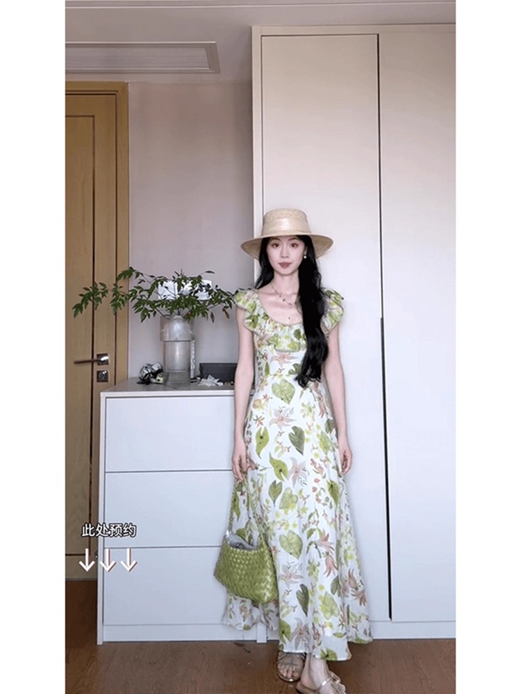 정가 여름 해변가 휴가 바람 프릴 칼라 녹색 꽃무늬 드레스 몸매 가꾸기 차 휴식 품격 롱 스커트