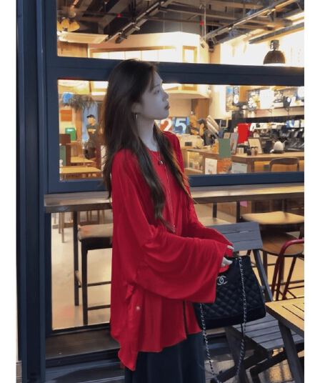 정가 느긋한 느슨함 센스 착용 가져 가라. 전체 집합 빅 사이즈 빨간색 루즈핏 긴팔 자외선 차단 맨위 반신 스커트