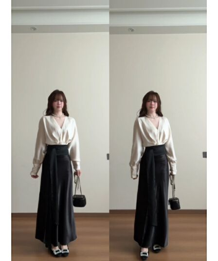 정가 재고 있음 프랑스식 빛 요리 한 바람 V넥 허리 수축 여성 셔츠 가을 새로운 하이웨이스트 슬림해 보이는 반신 치마 세트