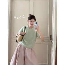 批发实价有货韩版圆领短袖针织衫上衣女春季新款粉色休闲阔腿<b class='q'>裤</b><b class='q'>套装</b>