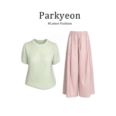 批发实价有货韩版圆领短袖针织衫上衣女春季新款粉色休闲阔腿<b class='q'>裤</b><b class='q'>套装</b>