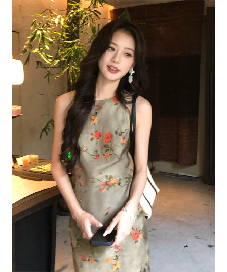 정가 재고 있음 새로운 중식 레트로 행침 목 민소매 여성 드레스 봄 새로운 디자인 센스 허리 수축 길다 치마