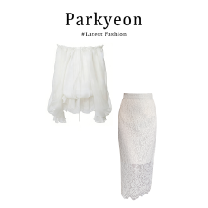 批发实价有货法式白色一字肩<b class='q'>长袖</b>褶皱花边系带衬衫显瘦蕾丝半身裙套装