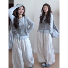 批发实价有货法式小香风灰色吊带背心内搭长袖上衣女高腰<b class='q'>休闲裤</b>套装