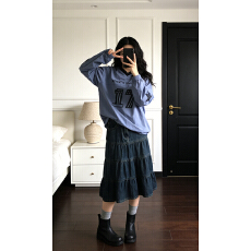 批发实价有货美式复古撞色V领长袖T恤上衣女高腰A字牛仔半身<b class='q'>裙套装</b>