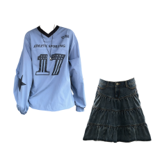 批发实价有货美式复古撞色V领长袖T恤上衣女高腰A字牛仔半身<b class='q'>裙套装</b>