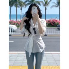 批发实价有货韩系设计感绑带收腰衬衫女春季新款高腰显瘦<b class='q'>牛仔</b>裤<b class='q'>套装</b>