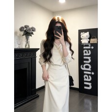 批发实价有货法式轻熟风<b class='q'>白色</b>荡领收腰长袖连衣裙女2026春秋款时尚<b class='q'>长裙</b>