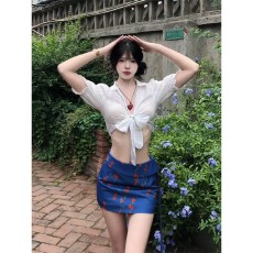 批发实价有货纯欲少女风绑带V领衬衫上衣女蓝色高腰碎花半身裙套装