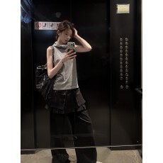 批发实价有货韩系复古连帽条纹背心上衣假两件拼接阔腿休闲裤套装