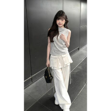 批发实价有货韩系复古连帽条纹背心上衣假两件拼接阔腿休闲裤套装