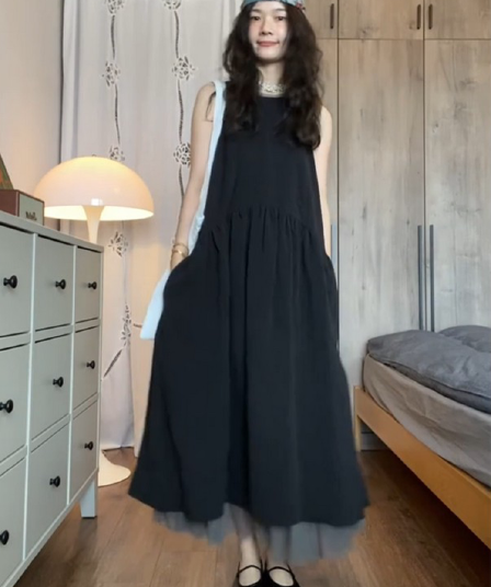 정가 재고 있음 한 부서 느슨함 센스 민소매 드레스 여름 새로운 망사 패치워크 느긋한 바람 롱 코트 작은 검은 드레스