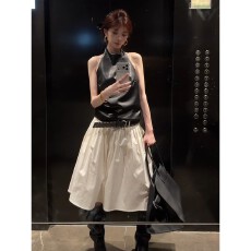 批发实价有货复古辣妹风挂脖吊带背心女夏季<b class='q'>无袖</b>上衣A字半身裙套装
