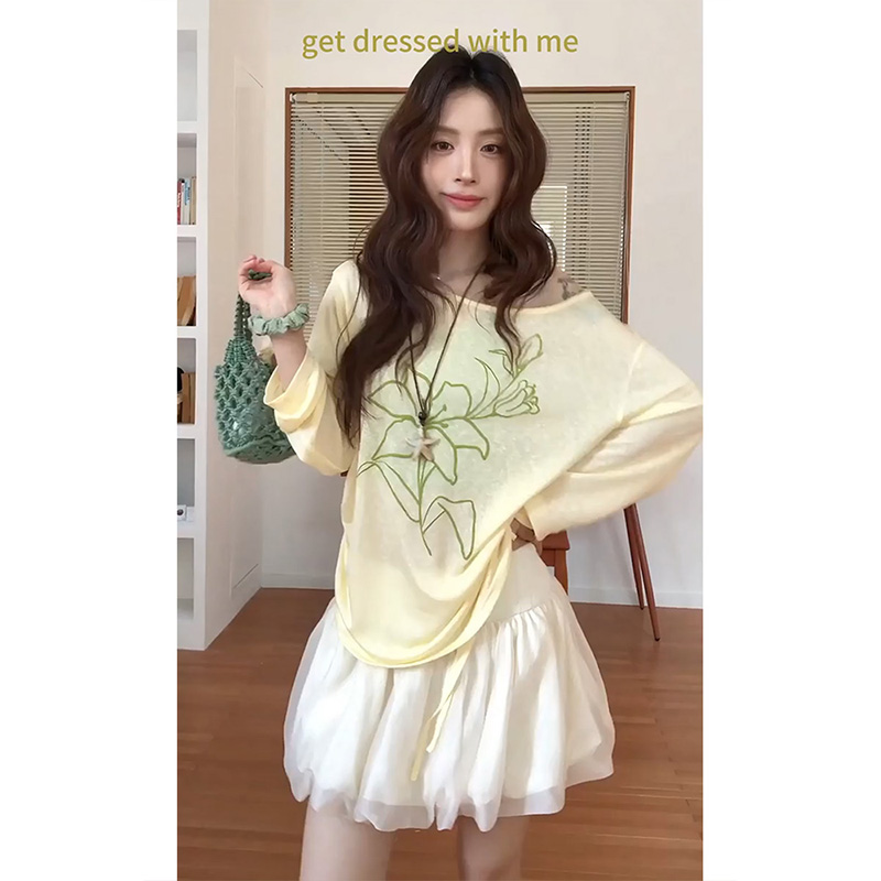 정가 재고 있음 부드러운 바람 얇은 스타일 자외선 차단 블라우스 티셔츠 인사이드 가져 가라. 슬립 맨위 하이웨이스트 한 마디 반신 치마 세트
