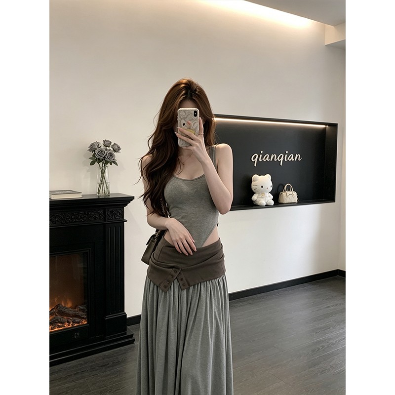 정가 재고 있음 순수한 욕망 바람 섹시함 백리스 아름다움 뒤로 슬립 맨위 여성 하이웨이스트 슬림해 보이는 패치워크 반신 치마 세트