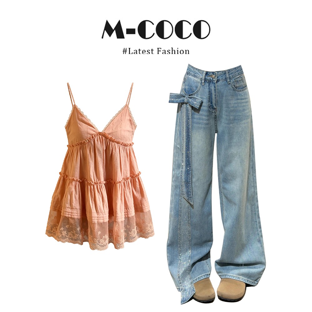 정가 재고 있음 프랑스식 순수한 욕망 바람 레이스 레이스 슬립 맨위 여성 하이웨이스트 도루 센스 넓은 다리 청바지 세트