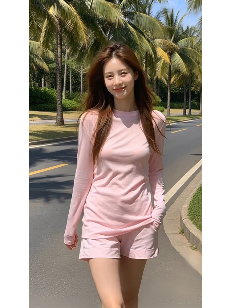정가 재고 있음 한 부서 부드러운 바람 핑크색 자외선 차단 블라우스 티셔츠 맨위 하이웨이스트 슬림해 보이는 캐주얼 반바지 세트