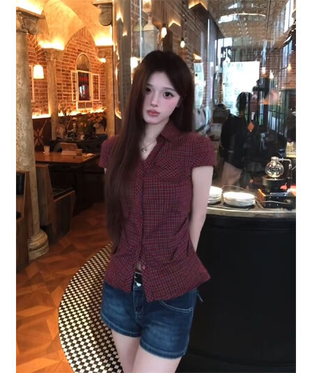 정가 재고 있음 여름 새로운 빨간색 체크무늬 몸매 가꾸기 반팔 여성 셔츠 하이웨이스트 데님 반바지 패션 세트