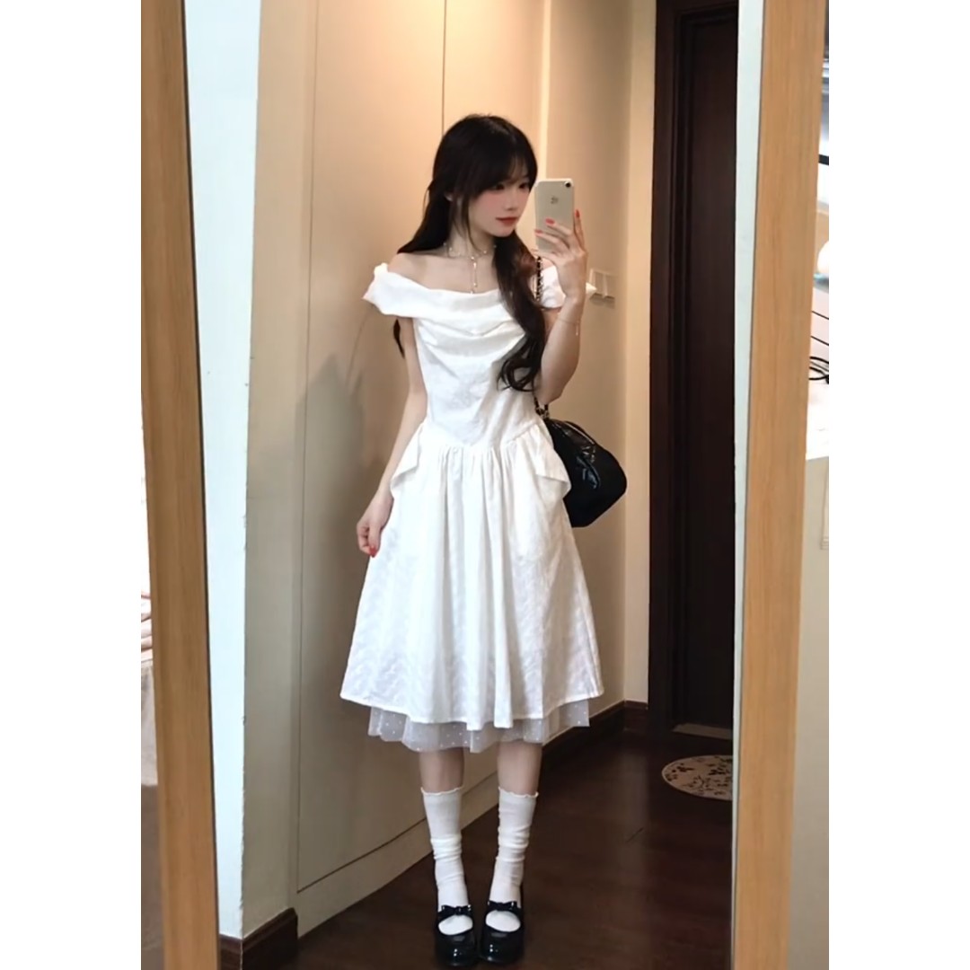 정가 프랑스식 부드러운 바람 화이트 오프숄더 여성 드레스 여름 새로운 허리 수축 품격 길다 치마