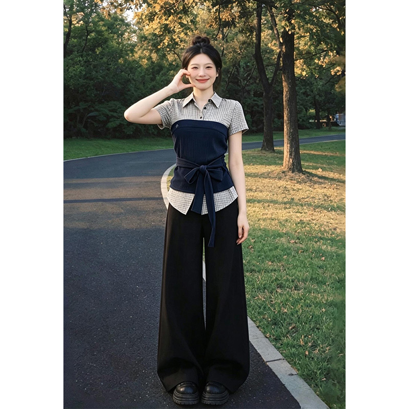 정가 재고 있음 한 부서 착용 가져 가라. 페이크 레이어드 체크무늬 반팔 여성 셔츠 여름 디자인 센스 스트랩 허리 수축 맨위
