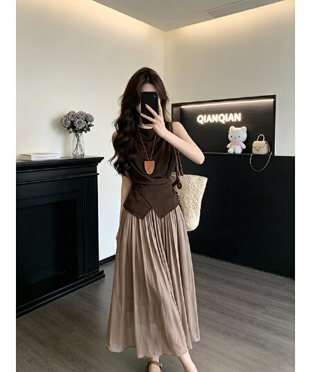 정가 재고 있음 프랑스식 품격 핀치 Pleat 십자가 허리 수축 민소매 조끼 코디 하이웨이스트 반신 스커트
