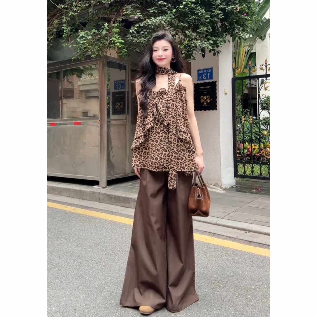 정가 재고 있음 아메리칸 핫걸 레오파드 무늬 리본 프릴 캐미솔 여름 순수한 욕망 외국 가스 슬림해 보이는 맨위 트렌디