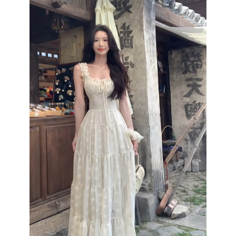 정가 재고 있음 프랑스식 부드러운 대 팡팡 칼라 자수 슬립 여성 드레스 허리 수축 큰 진자 품격 슬립 롱 스커트