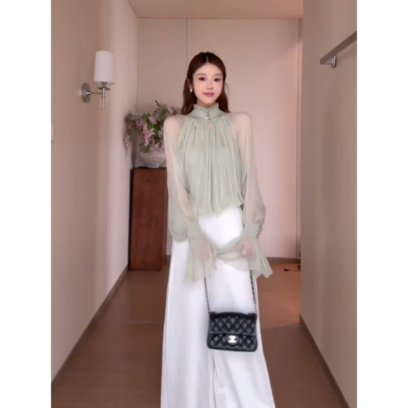 정가 재고 있음 한 부서 부드러운 바람 스탠드 칼라 나팔 소매 셔츠 맨위 여름 루즈핏 슬림해 보이는 와이드 레그 팬츠 세트