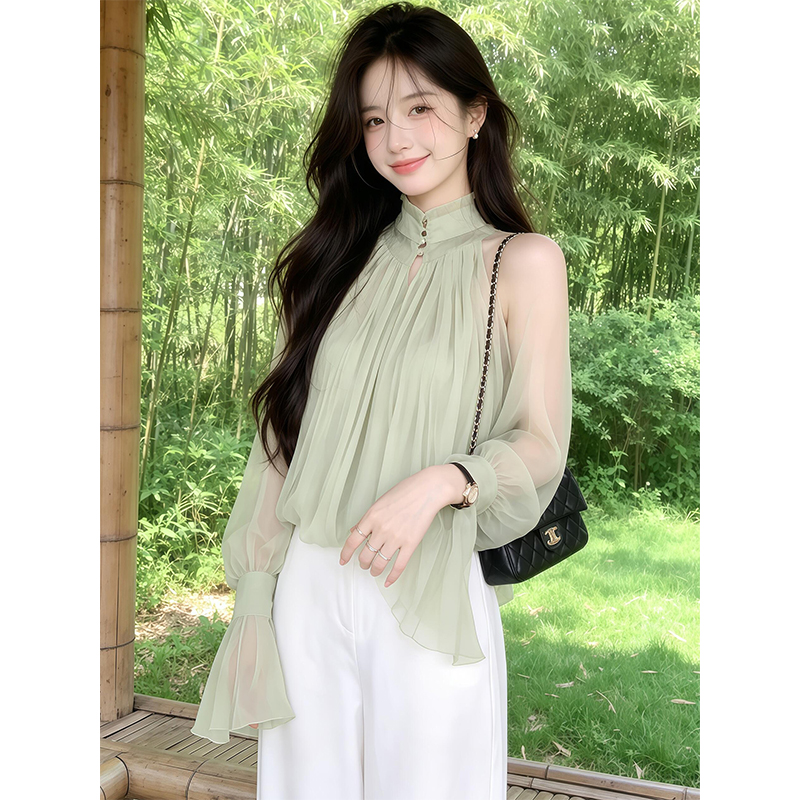 정가 재고 있음 한 부서 부드러운 바람 스탠드 칼라 나팔 소매 셔츠 맨위 여름 루즈핏 슬림해 보이는 와이드 레그 팬츠 세트