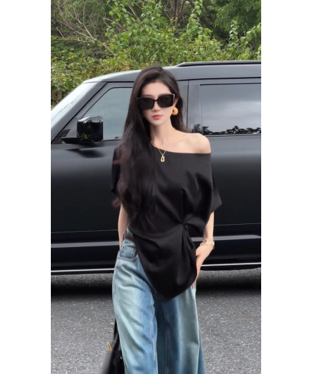 정가 재고 있음 한 부서 순수한 욕망 바람 오프숄더 디자인 불규칙 티셔츠 여름 새로운 꼬집기 허리 트임 슬림해 보이는 맨위