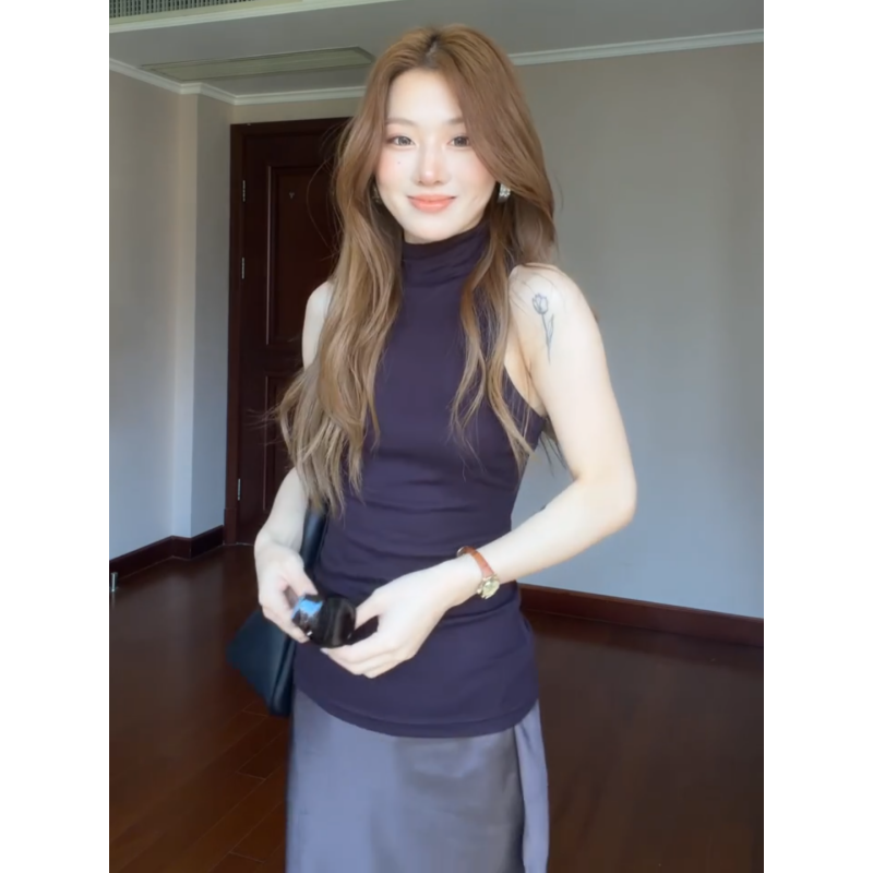 정가 재고 있음 여름 아름다운 바람 보라색 반하이넥 민소매 조끼 여성 분위기 센스 품격 슬림해 보이는 반신 스커트