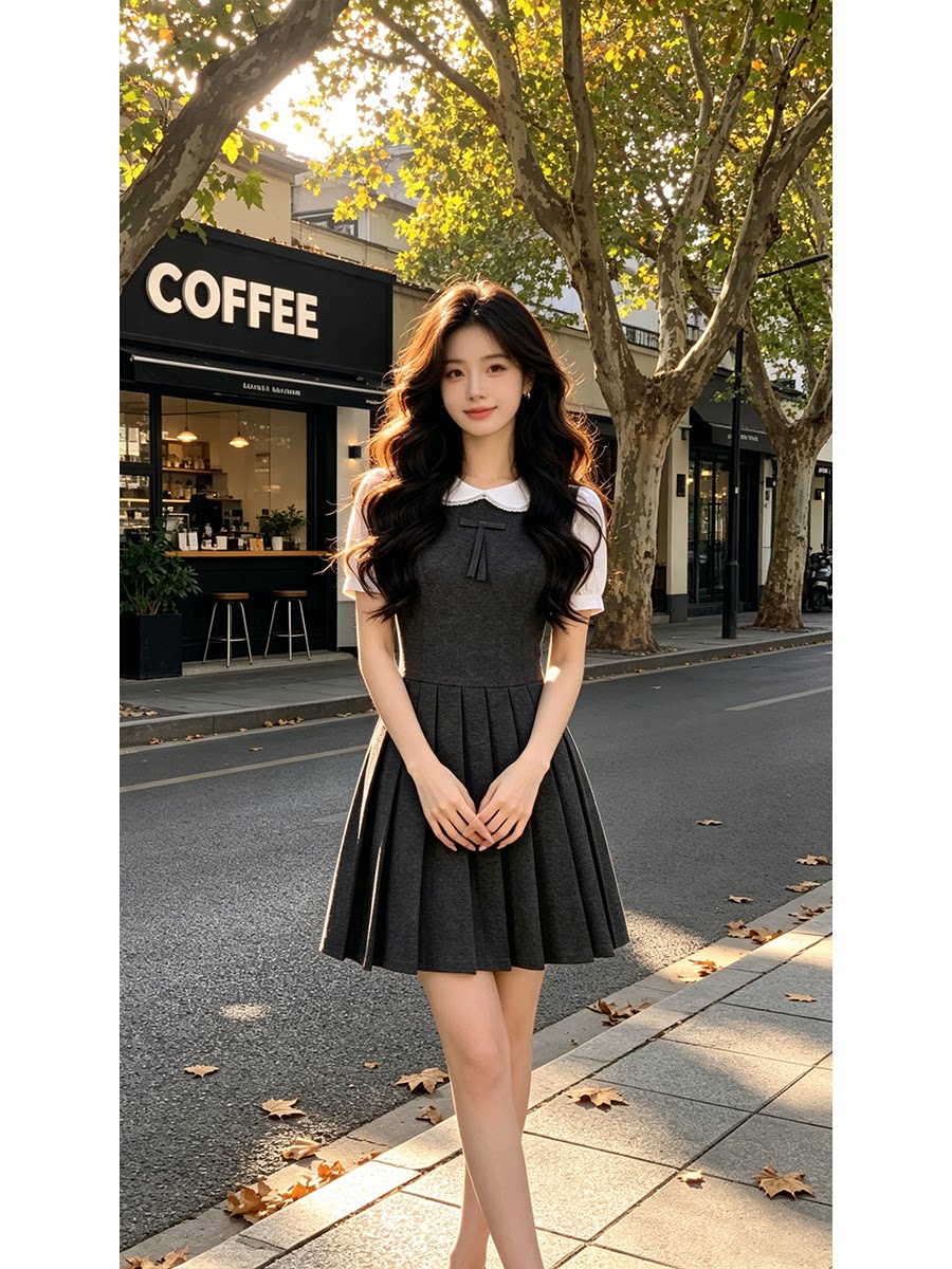 정가 재고 있음 부드러운 바람 페이크 레이어드 베이비 칼라 여성 드레스 여름 작은 키 연령 감소 플리츠 짧은 치마